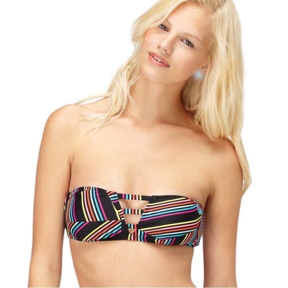 Roxy Sun Runner 3 Strap Black Multi Bandeau Bikini Top Medium - Picture 1 of 7